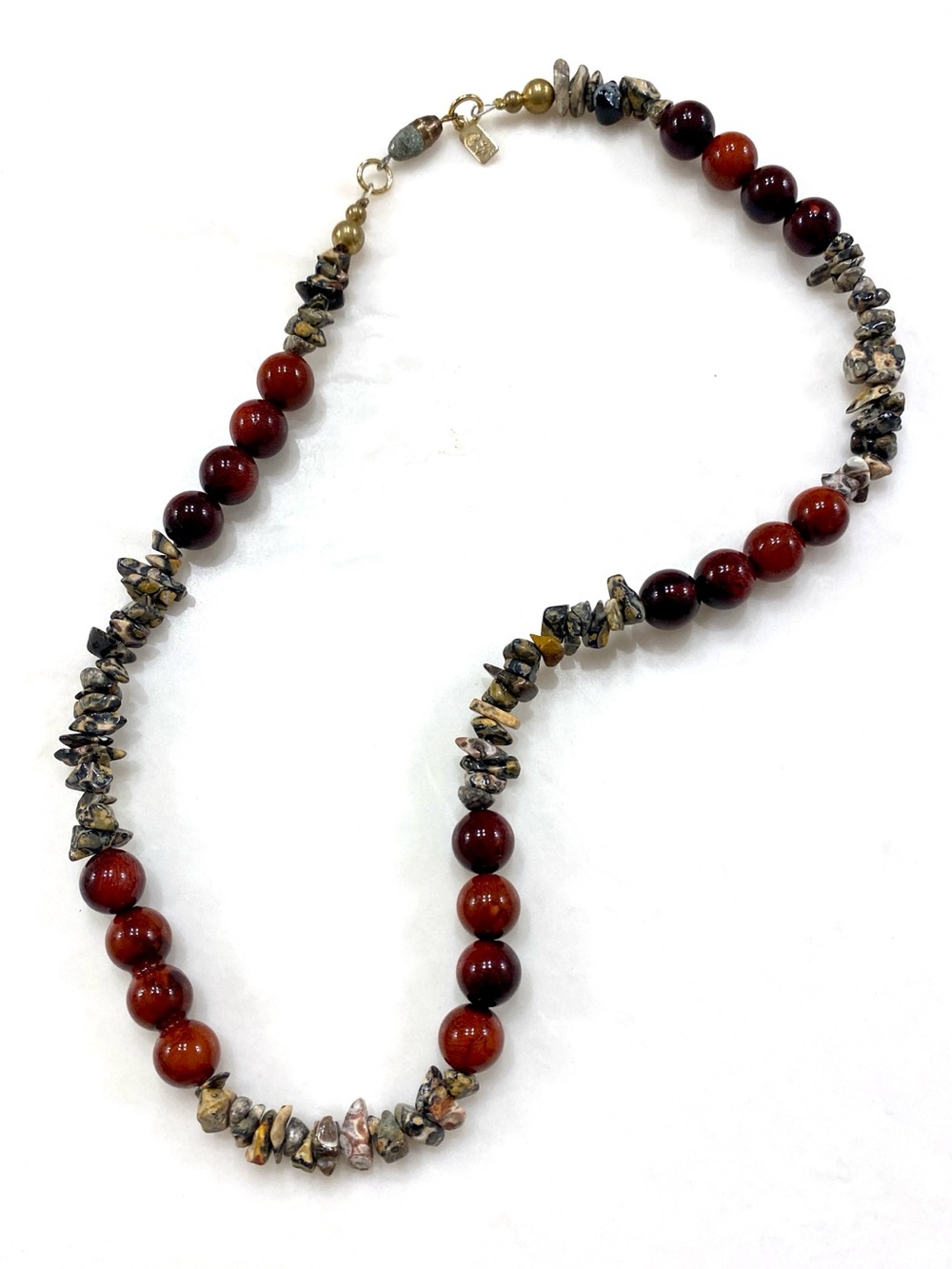 Vintage Red Beaded and Natural Stone Chip Necklace